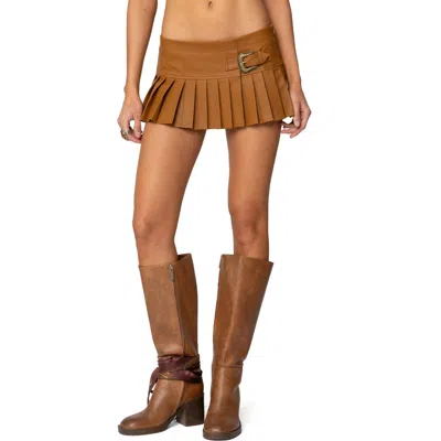 Edikted Pleated Faux Leather Mini Skort In Brown