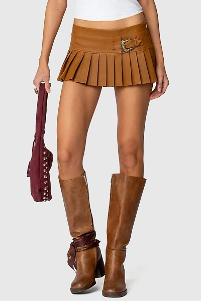 Edikted Pleated Faux Leather Mini Skort In Brown, Women's At Urban Outfitters