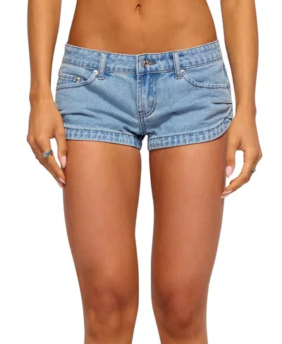 Edikted Pleated Low Rise Denim Micro Shorts In Blue