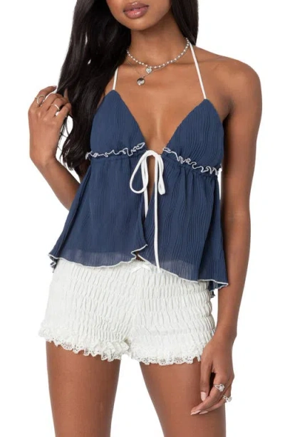 Edikted Pleated Split Front Halter Top In Navy