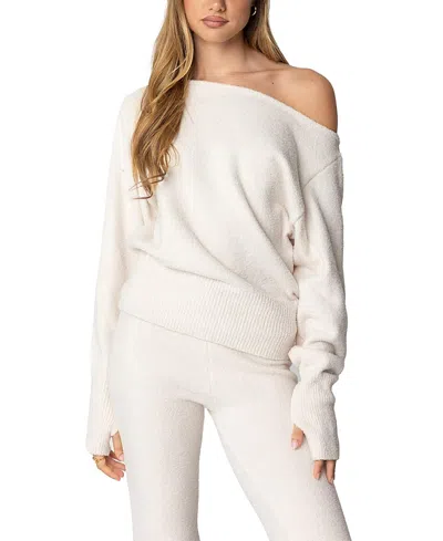 Edikted Plush Oversized Asymmetric Sweater In Cream