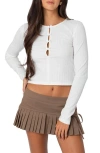 Edikted Pointelle Stitch Keyhole Cutout Long Sleeve Top In White