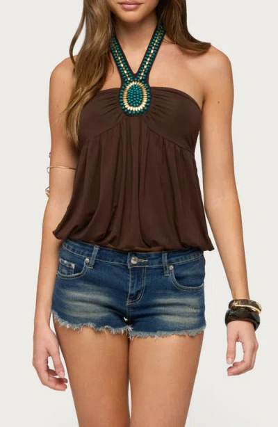 Edikted Polie Beaded Bubble Jersey Halter Top In Brown