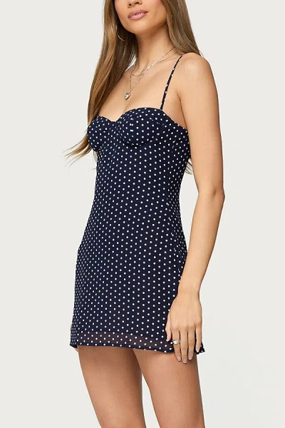 Edikted Polka Dot Cupped Chiffon Mini Dress In Navy, Women's At Urban Outfitters In Blue