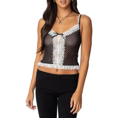 Edikted Polka Dot Lace Trim Mesh Camisole In Black-and-white