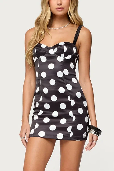 EDIKTED POLKA DOT SATIN EFFECT MINI DRESS IN BLACK/AND/WHITE, WOMEN'S AT URBAN OUTFITTERS