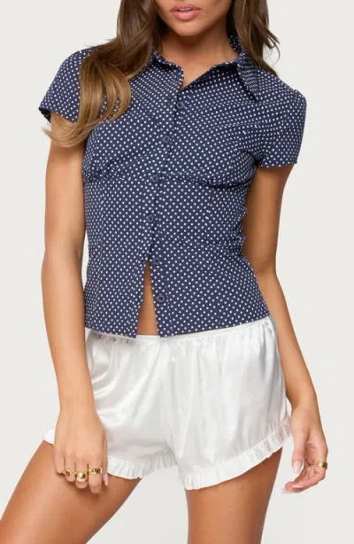 Edikted Polka Dot Short Sleeve Tailored Cotton Button-up Shirt In Blue