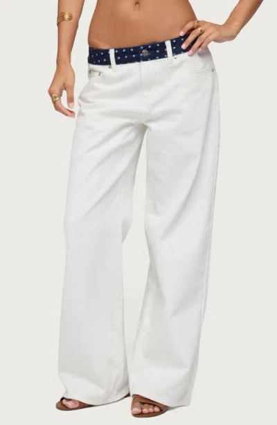 Edikted Polka Dot Waist Low Rise Wide Leg Jeans In White
