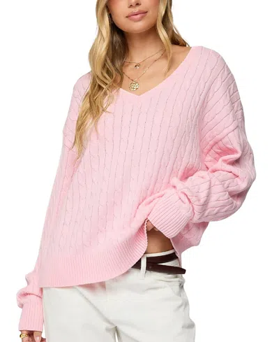 Edikted Polly V Neck Cable Knit Sweater In Pink