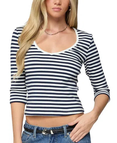 Edikted Poppie Striped V Neck Top In White