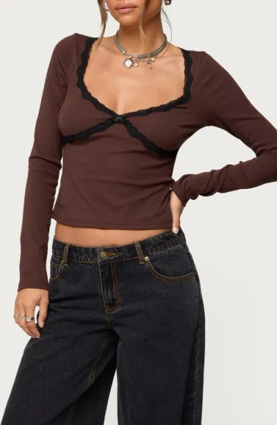 Edikted Porta Contrast Lace Crop Top In Brown