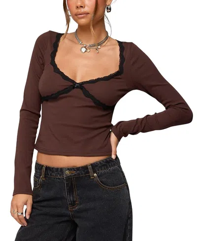 Edikted Porta Contrast Lace Crop Top In Brown