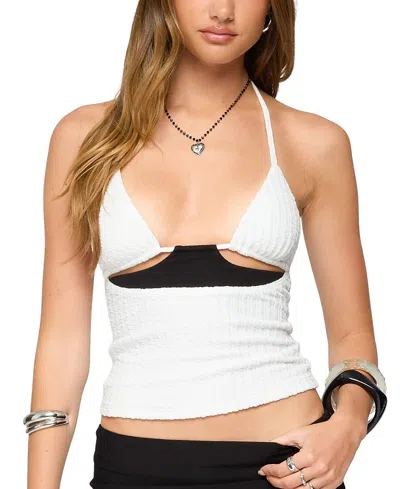 Edikted Powell Cutout Halter Textured Crop Top In White
