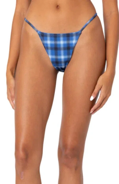 Edikted Preppy Plaid Print Bikini Bottoms In Blue