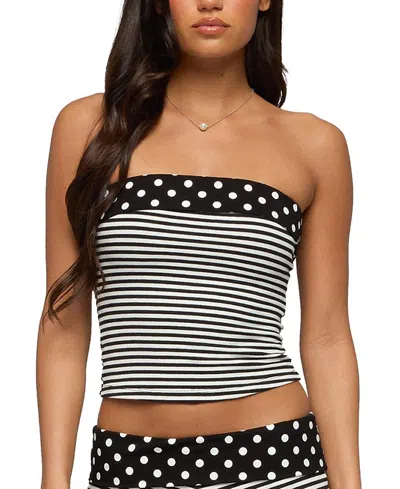 Edikted Presley Stripe & Polka Dot Foldover Tube Top In Black/and/white, Women's At Urban Outfitters
