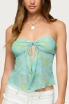 Edikted Printed Mesh Strapless Cut Out Top In Green, Women's At Urban Outfitters In Green