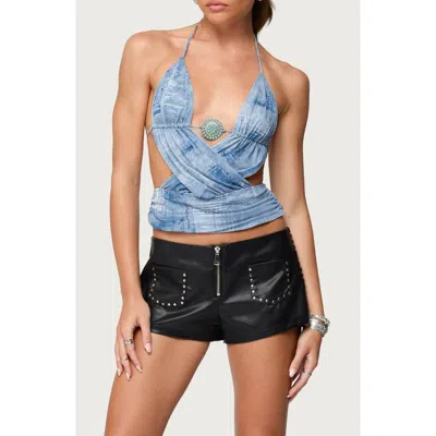 Edikted Crossover Backless Printed Mesh Top In Blue