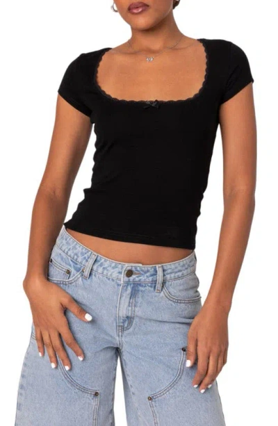 Edikted Priscilla Lace Trim Stretch Cotton Crop Top In Black