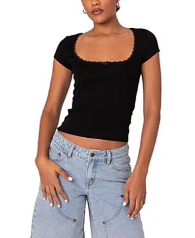Edikted Priscilla Lace Trim Stretch Cotton Crop Top In Black