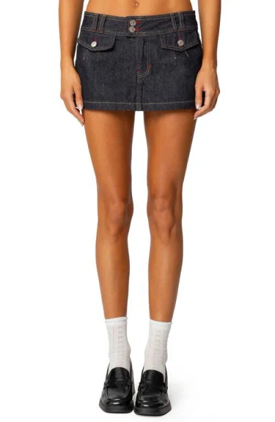 Edikted Rae Low Rise Denim Miniskort In Dark-blue