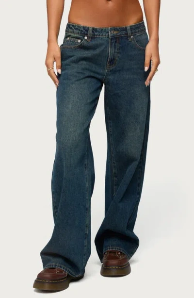 Edikted Raelynn Washed Low Rise Baggy Wide Leg Jeans In Blue