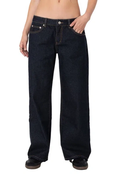 Edikted Raelynn Washed Wide Leg Jeans In Indigo-blue-raw-wash
