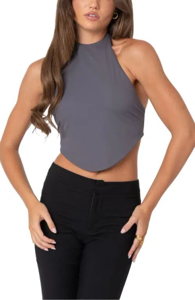 Edikted Raine Curved Hem Halter Crop Top In Dark-gray