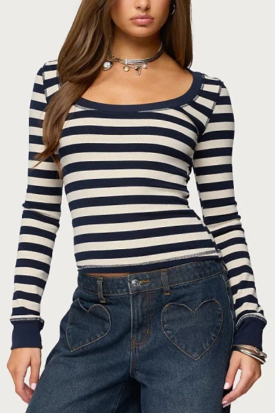 Edikted Rainey Stripe Scoop Neck Long Sleeve Knit Top In Blue