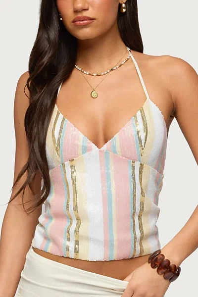 Edikted Raquel Sequin Striped Halter Top In White, Women's At Urban Outfitters In Multi