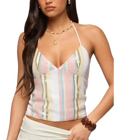 Edikted Raquel Sequin Striped Halter Top In Multi