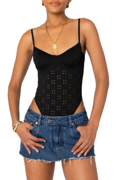 Edikted Raven Eyelet Embroidered Bodysuit In Black