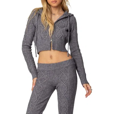 Edikted Ray Cable Stitch Hooded Crop Jacket In Gray-melange