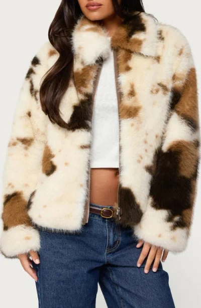 Edikted Rayan Cow Print Faux Fur Jacket In Multi