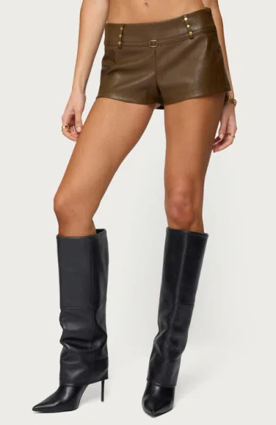 Edikted Reese Stud Detail Faux Leather Microshorts In Green