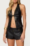 Edikted Reese Studded Split Front Faux Leather Halter Top In Black