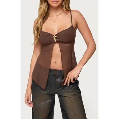 Edikted Reeve Split Front Sheer Mesh Top In Brown