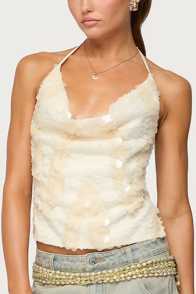 Edikted Reid Sequin Cowl Neck Open Back Halter Top In White