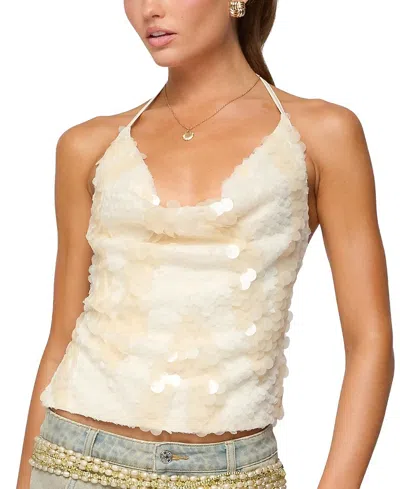 EDIKTED REID BACKLESS SEQUIN COWL NECK TOP