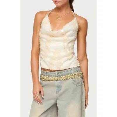 EDIKTED EDIKTED REID SEQUIN COWL NECK OPEN BACK HALTER TOP