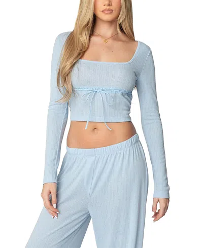 Edikted Ren Pointelle Long Sleeve Crop Top In Light-blue