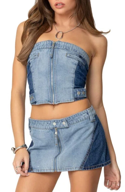 Edikted Reni Contrast Denim Strapless Corset Top In Blue