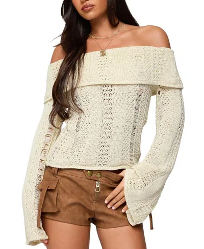 Edikted Distressed Foldover Off The Shoulder Sweater In White