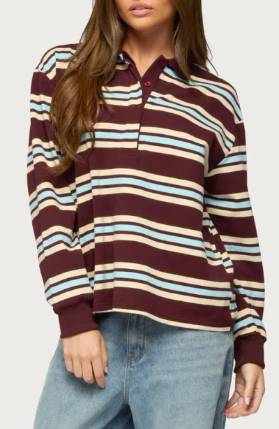 Edikted Renya Stripe Rugby Shirt In Burgundy
