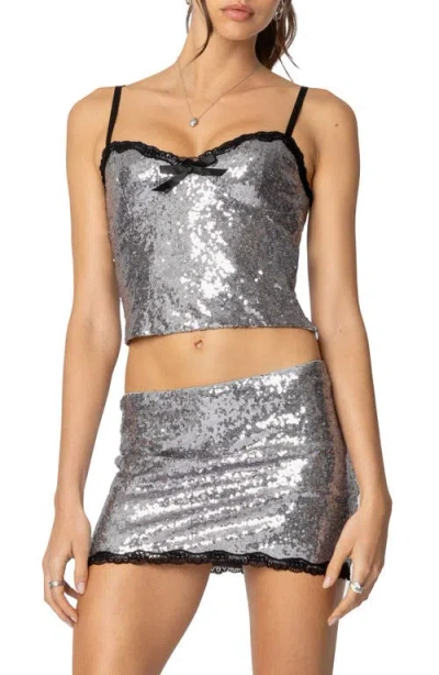 Edikted Revel Sequin Lace Trim Camisole In Silver