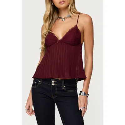 Edikted Rhian Lace Trim Pleated Babydoll Top In Burgundy