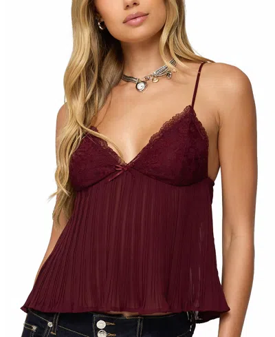 Edikted Rhian Lace Trim Pleated Babydoll Top In Burgundy