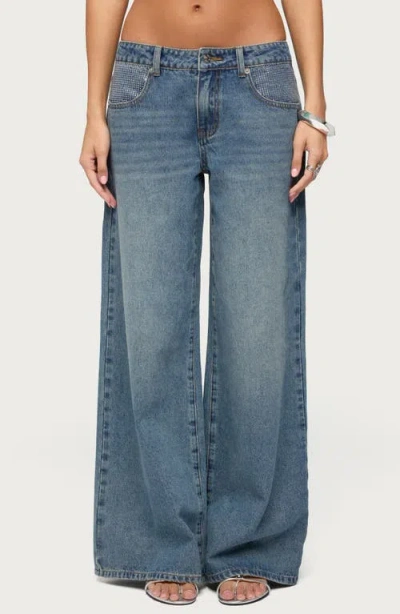 Edikted Rhinestone Low Rise Wide Leg Jeans In Blue