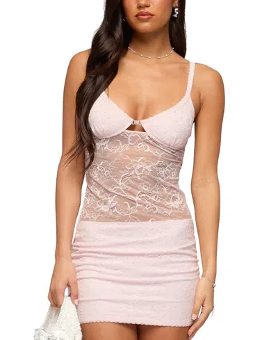 Edikted Rhinestone Sheer Lace Mini Dress In Black