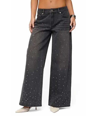 Edikted Rhinestone Washed Low Rise Baggy Jeans In Black