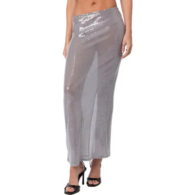 Edikted Riki Sheer Sequin Low Rise Maxi Skirt In Gray